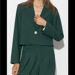 Ganni Forest Green Cropped Blazer Jacket and Pants suit